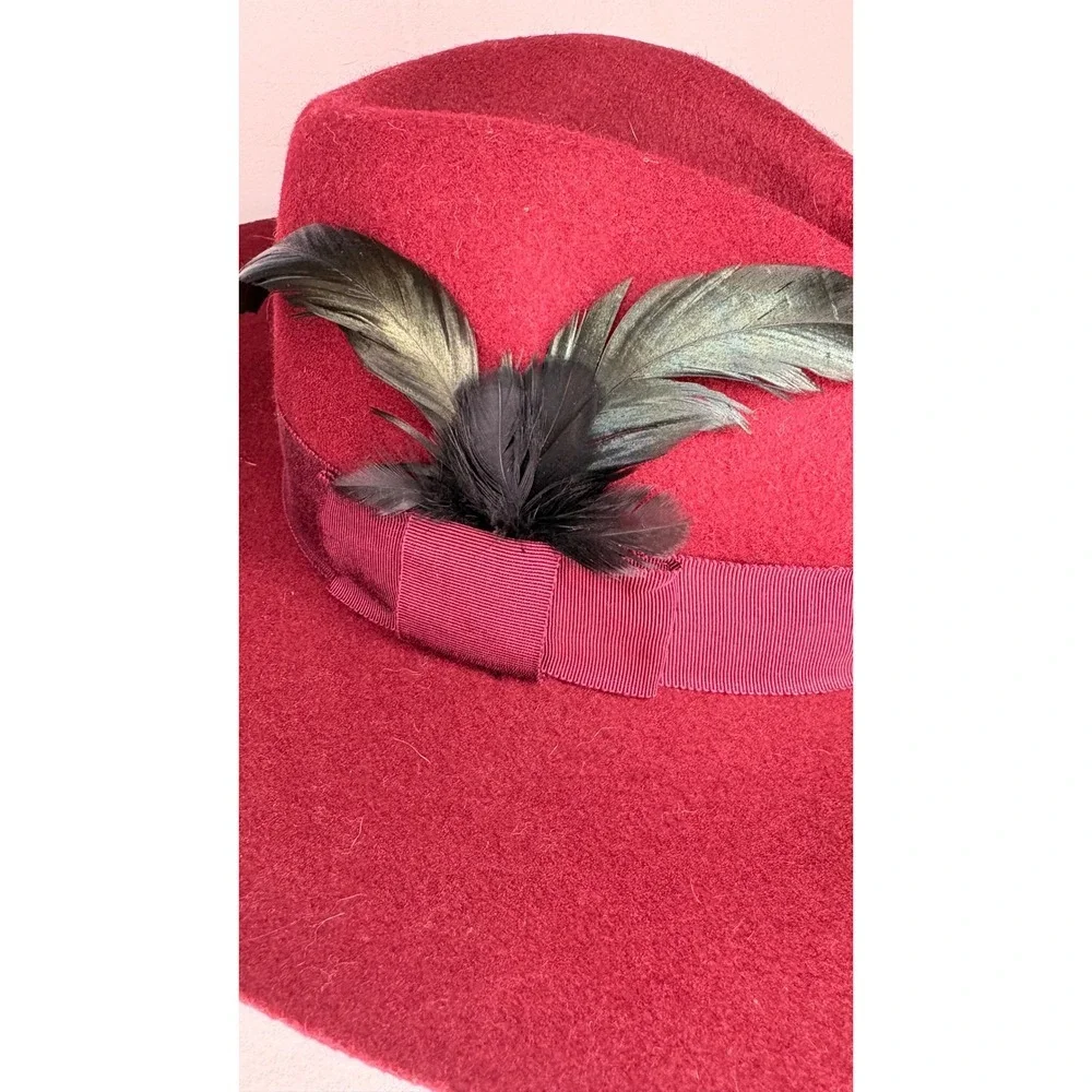 San Diego Hat Co Womens Burgundy Wool Felt Wide Brim Fedora Feather Accent OS